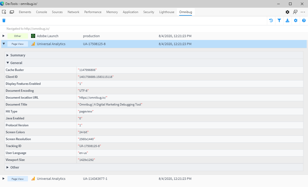 Screenshot of Omnibug's interface in Edge showing multiple requests on omnibug.io