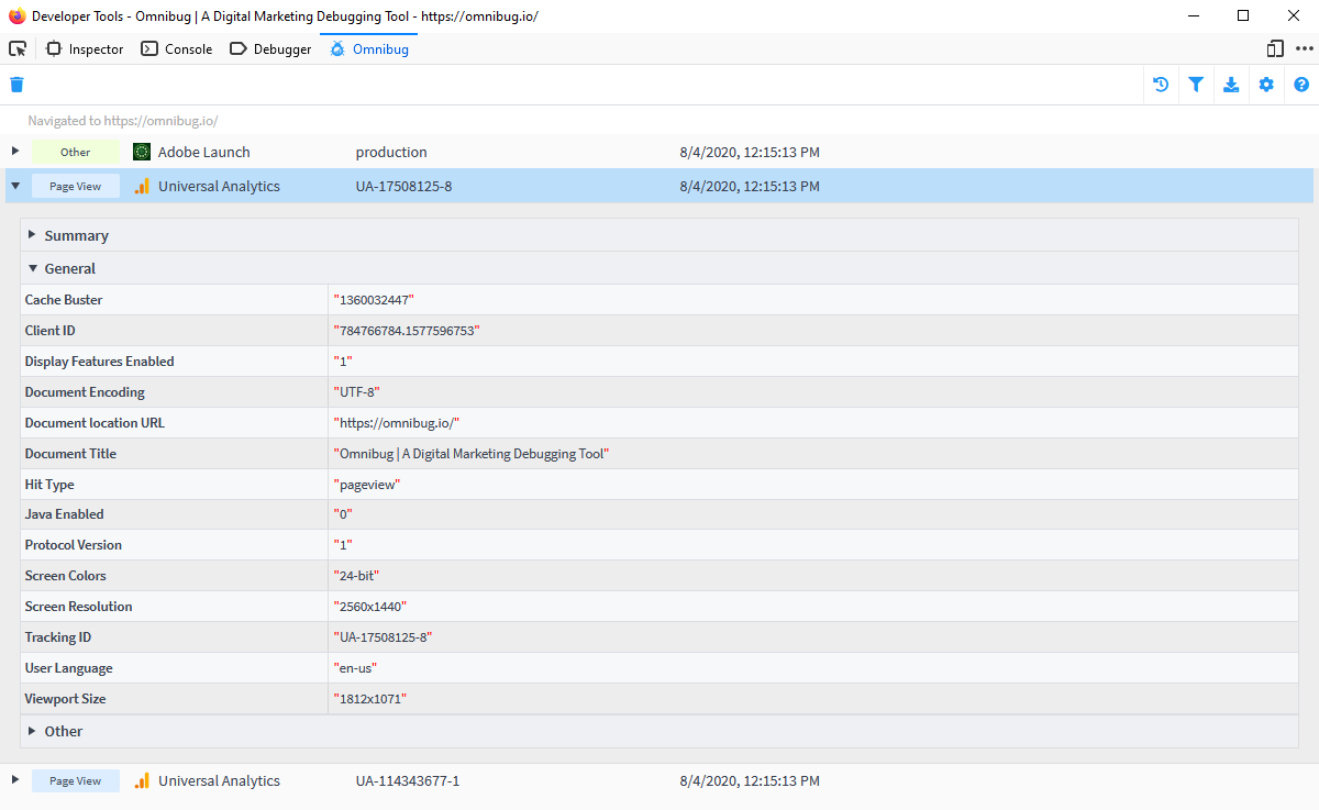 Screenshot of Omnibug's interface in Firefox showing multiple requests on omnibug.io